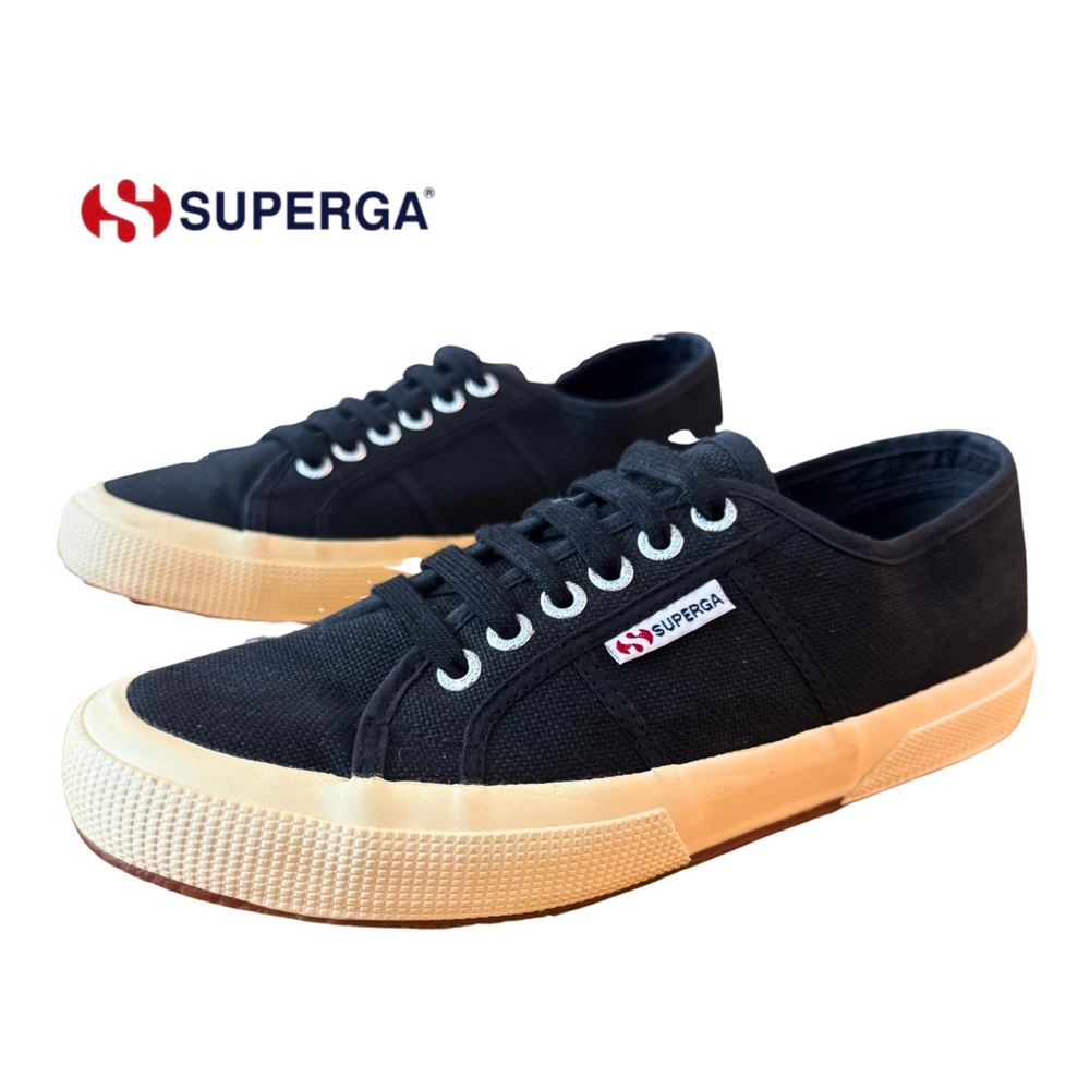 Superga Women’s Black and Cream Sneakers Size 8